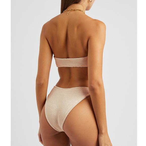 Hunza G. Flora Seersucker Bandeau Bikini Top and Bottom Blush Peach Pink OS NWT - Picture 2 of 15